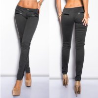 Skinny Leg Pants with Leather Look Accents - Dark Grey - Size S