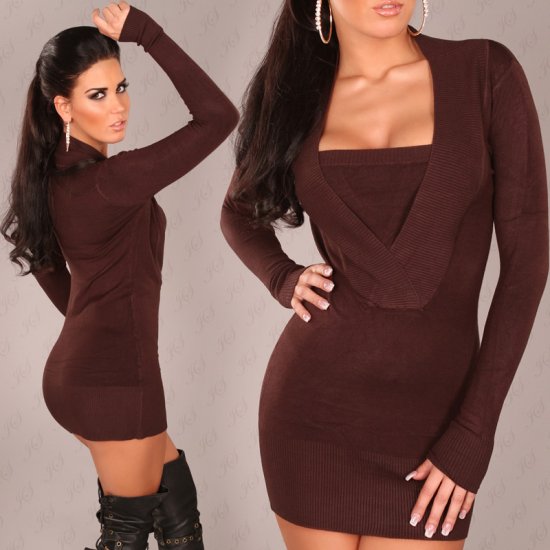 Long Sleeve Knit Sweater with Open V-Neck - Brown - Size L/XL - Click Image to Close