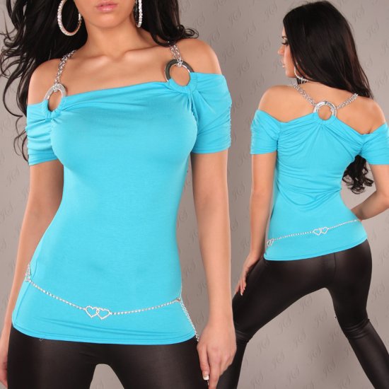 Shortsleeve Off the Shoulder Top w. Rings & Chains - Turquoise - Click Image to Close