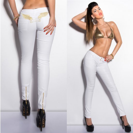 Leather Look Skinny Leg Pants with Gold Wing - White - Size M - Click Image to Close