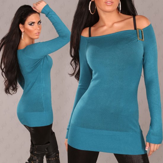 Fine Knit Long Sweater Off Shoulder Cut & Buckle - Petrol - Click Image to Close