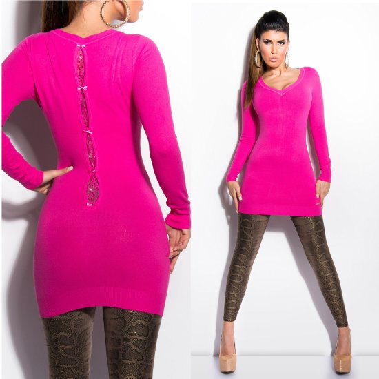 Long Length Jumper/Mini Dress with Lace Detail - Fuchsia - Size S/M - Click Image to Close