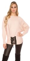 Batwing Loose Sleeve Jumper with Glitter & Lace-Up - Pink - Size S/M