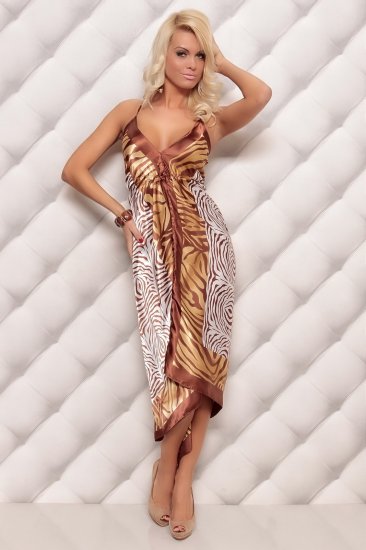Long Silk Evening Dress - Brown & Gold Zebra Print - Size M/L - Click Image to Close