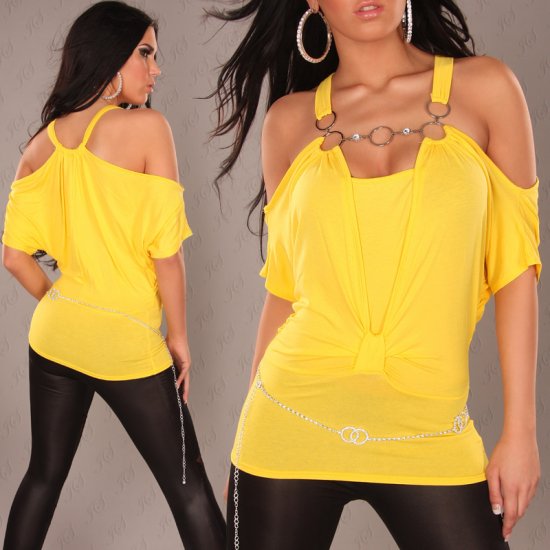 Sexy Shirt with Short Sleeves and Straps - Yellow - Click Image to Close