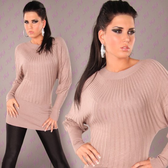 Long Sleeve Ribbed Jumper with Round Neck - Beige - Size L/XL - Click Image to Close