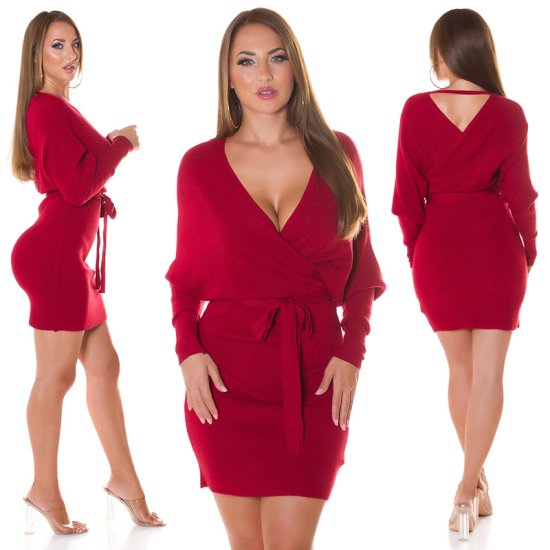 Long Sleeve Knit Mini Dress with Wrap V-Neck - Scarlet Red - Size S/M - Click Image to Close