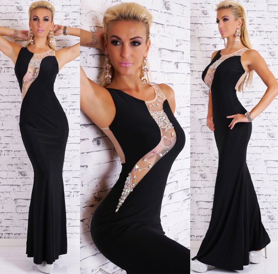 Black Maxi Dress with Lace & Diamonte Detail - Size L/XL - Click Image to Close