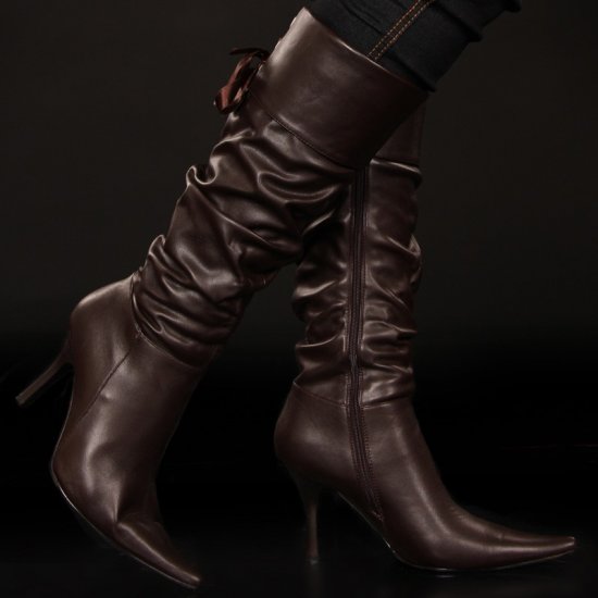 Knee High Boots with High-Heel & Corsage Ties - Brown - Size 37 - Click Image to Close