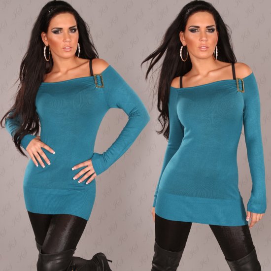 Fine Knit Long Sweater Off Shoulder Cut & Buckle - Petrol - Click Image to Close