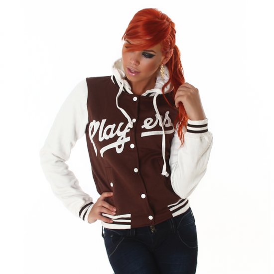 Players Hooded College Baseball Jacket - Brown - M/L - Click Image to Close