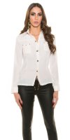 Collared Sheer Shirt with Leather Look Accents & Studs - White - Size 10
