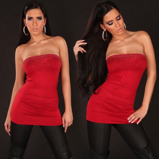 Strapless Boob Tube Style Party Top with Rhinestones Red - Click Image to Close