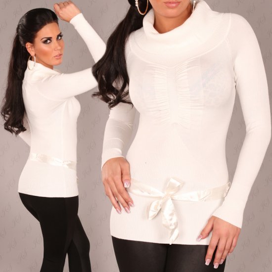 Soft Knit Turtleneck Sweater with Satin Belt - White - S/M - Click Image to Close