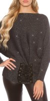 Batwing Loose Sleeve Jumper with Glitter & Lace-Up - Navy - Size S/M