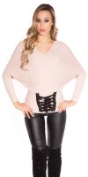 Batwing Loose Sleeve Jumper with Lace-Up - Pink - Size S/M