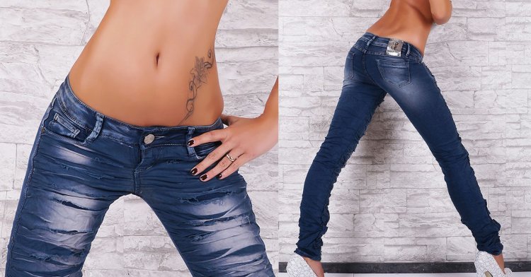 Low Rise Dark Blue Wash Skinny Jeans with Ripped Look - Size S - Click Image to Close