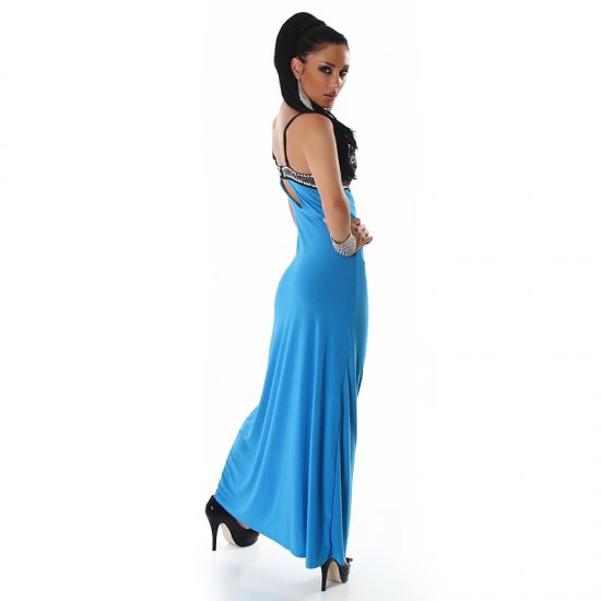 Long Cocktail Evening Dress with Sequined Bust - Turquoise - S/M - Click Image to Close