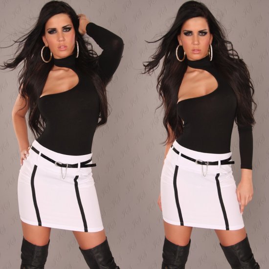 Fabric Mini Skirt with Piping & Belt - White - Size 10 - Click Image to Close