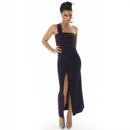 One Shoulder Long Cocktail Dress with Slit - Dark Purple Size S - Click Image to Close