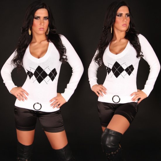 Diamond Pattern Sweater with V-Neck & Buckle - White - S/M - Click Image to Close