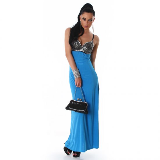 Long Cocktail Evening Dress with Sequined Bust - Turquoise - S/M - Click Image to Close