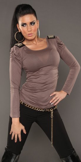Long Sleeve Top with Spiky Studs on Shoulders - Taupe - Click Image to Close