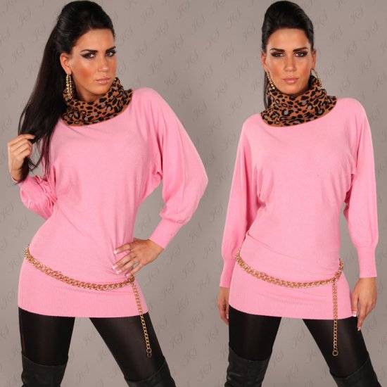 Long Sweater with Leopard Print Turtleneck - Pink - Size S/M - Click Image to Close
