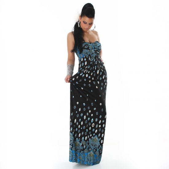 Blue & Black Patterned Strapless Long Dress - Size 6-8 - Click Image to Close