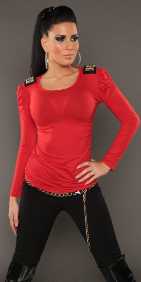 Long Sleeve Top with Spiky Studs on Shoulders - Red - Click Image to Close
