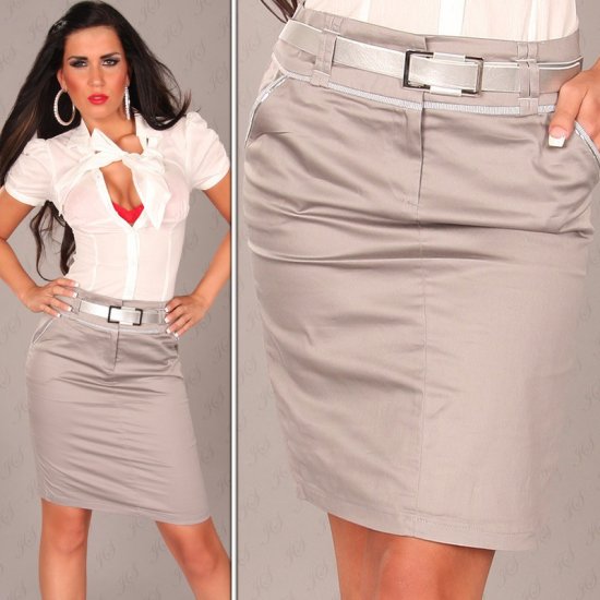 Pencil Cotton Skirt with Belt - Grey Size M - Click Image to Close