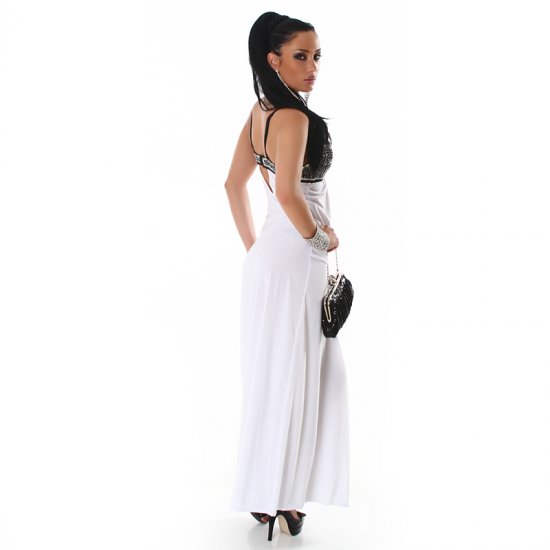 Long Cocktail Evening Dress with Sequined Bust - White - M/L - Click Image to Close