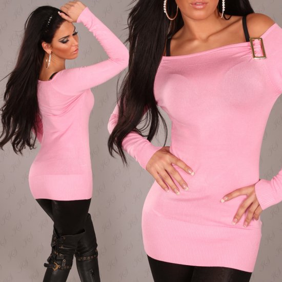 Fine Knit Long Sweater Off Shoulder Cut & Buckle - Pink - Click Image to Close