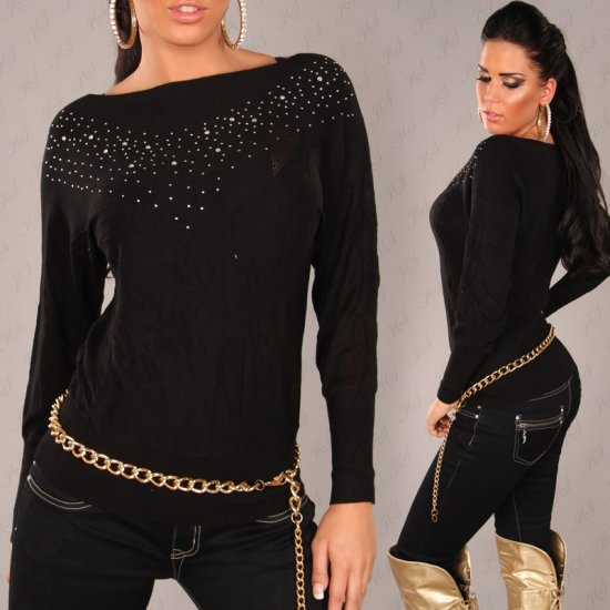 Fine Knit Jumper with Rhinestones - Black - Size S/M - Click Image to Close