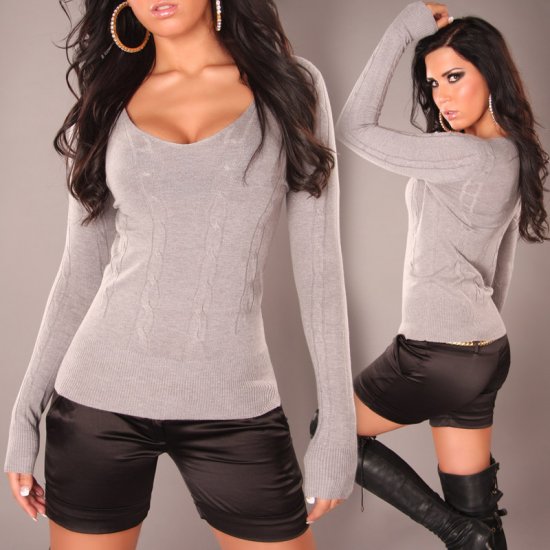 Long Sleeve V-Neck Sweater with Ribbing - Light Grey - L/XL - Click Image to Close