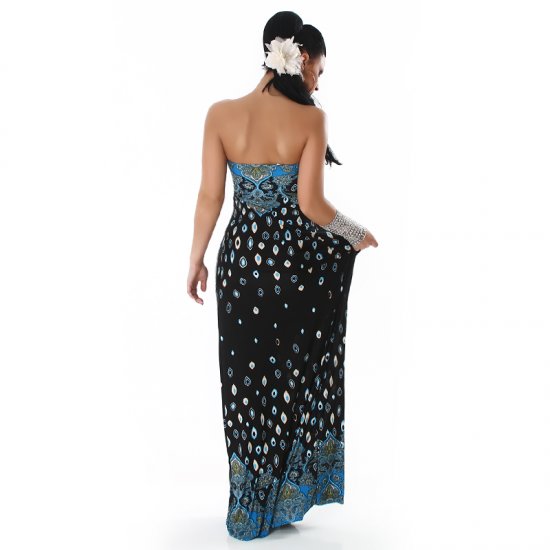 Blue & Black Patterned Strapless Long Dress - Size 6-8 - Click Image to Close