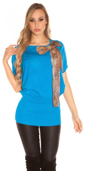 Long Jumper with Leopard Print Brooch - Turquoise - Size S/M - Click Image to Close