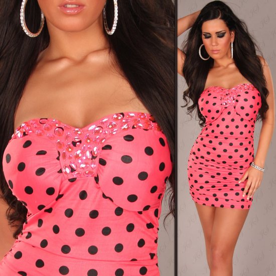 Strapless Polka Dot Mini Dress with Rhinestones - Strawberry M/L - Click Image to Close