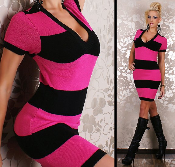 Short Sleeve Knitted Striped Mini Dress/Long Jumper - Pink/Black - Click Image to Close