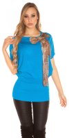 Long Jumper with Leopard Print Brooch - Turquoise - Size S/M