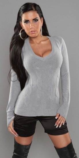 V-Neck Jumper with Plait-Style Rib - Light Grey - Size L/XL - Click Image to Close