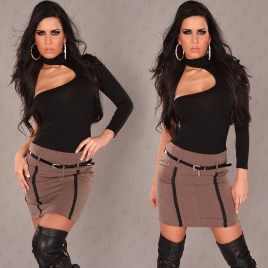 Fabric Mini Skirt with Piping & Belt - Cappuccino - Size 14 - Click Image to Close