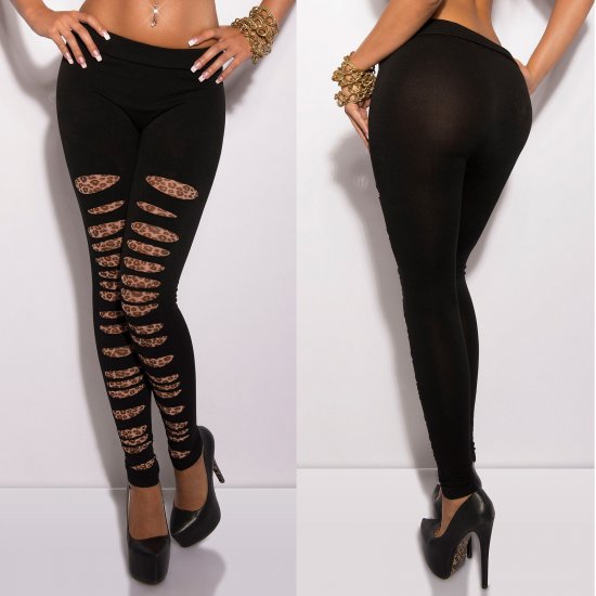 Black Leggings/Footless Tights with Leopard Print Cut-Outs - Size S/M - Click Image to Close
