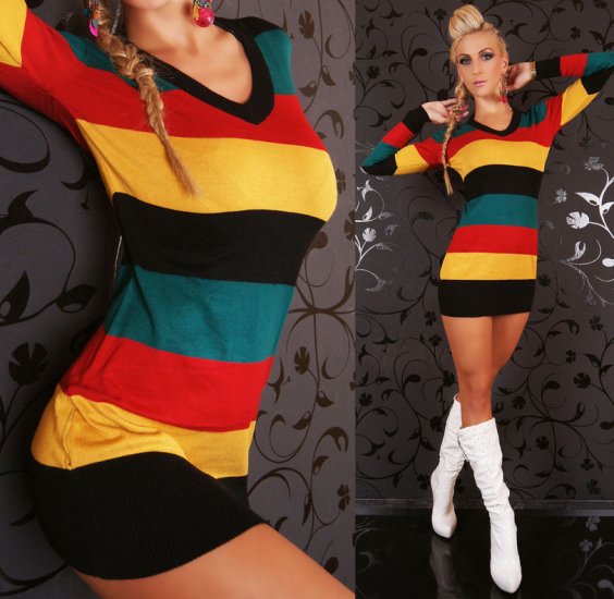Multi Coloured Striped Long Jumper with Black V-Neck - M - Click Image to Close