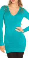Long Length Jumper with Studs & Pockets - Sapphire - Size S/M