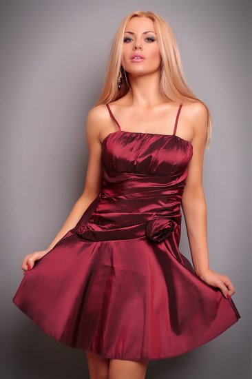 Evening Gown with Flower & Layered Waistband - Wine - Size S - Click Image to Close