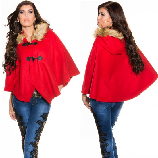 Poncho with Faux Fur Liner Hood - One Size - Red - Click Image to Close
