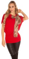 Long Jumper with Leopard Print Brooch - Red - Size S/M