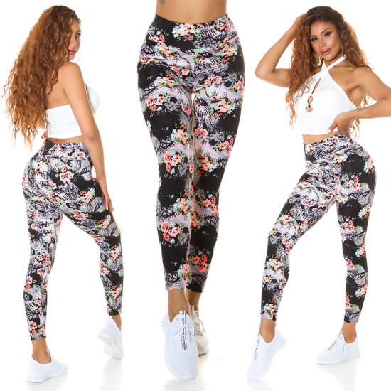 Skinny Leg Stretch Leggings with Floral Print - Black - Size S/M - Click Image to Close