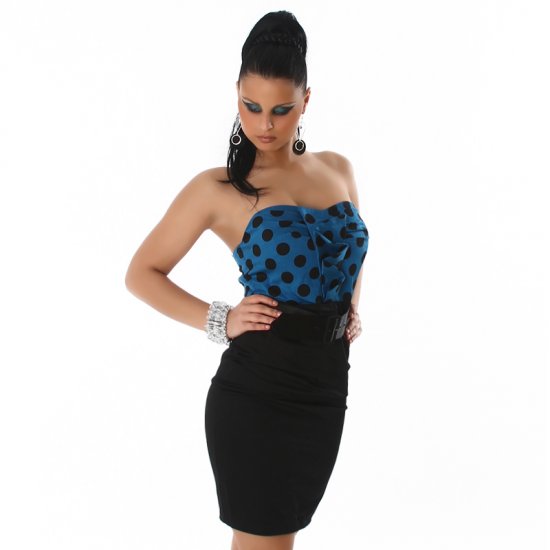 Strapless Polka Dot Dress with Belt - Dark Blue - Size 8 - Click Image to Close